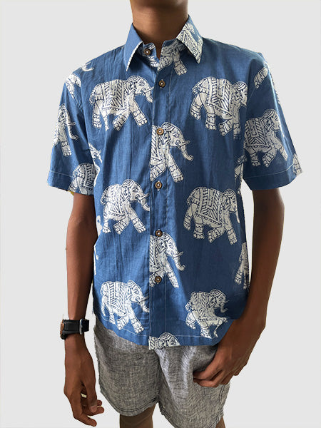 Majestic Blue Elephant Print Cotton Shirt
