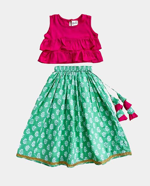 Pink Ruffles and Green Lehenga Set