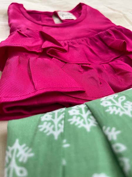 Pink Ruffles and Green Lehenga Set